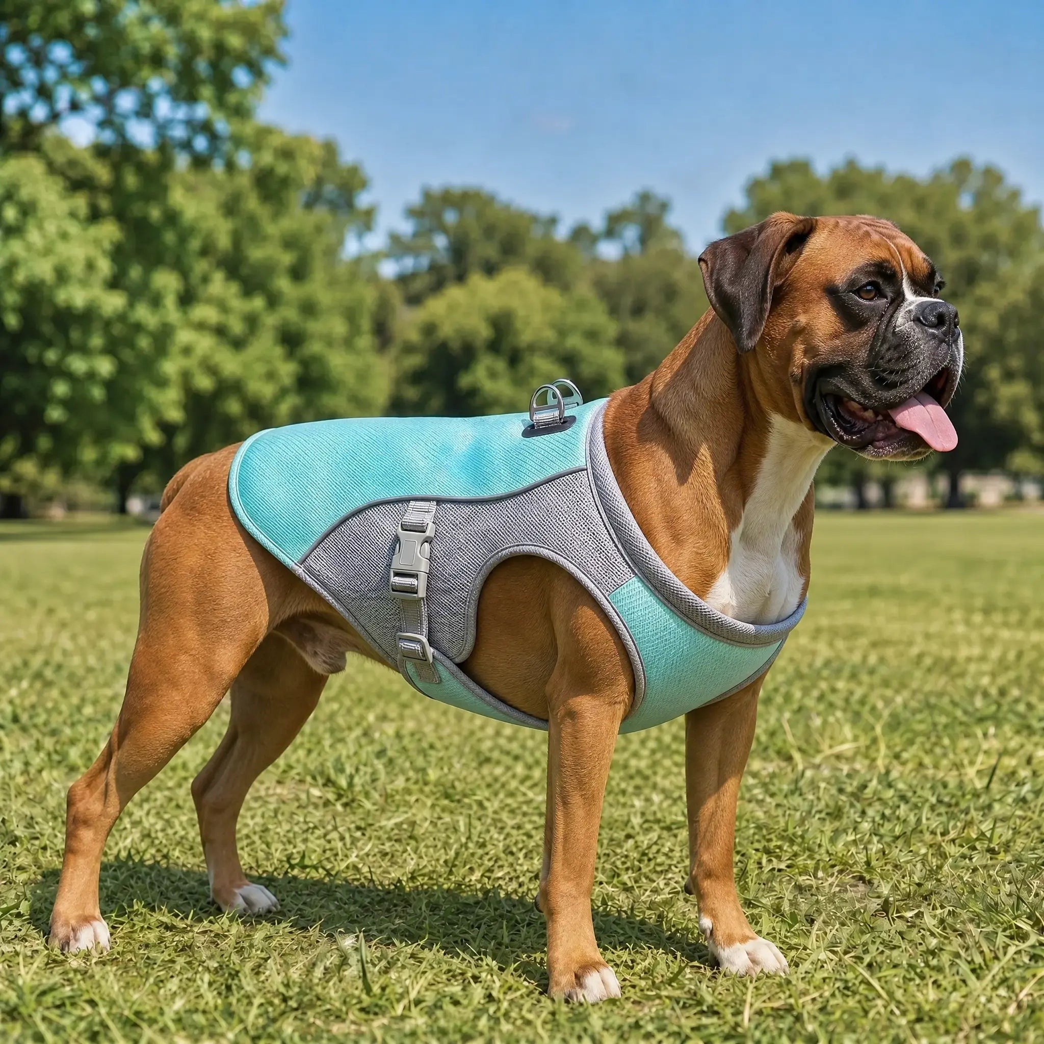 Boxer wearing the Nivessa cooling vest outdoors in summer