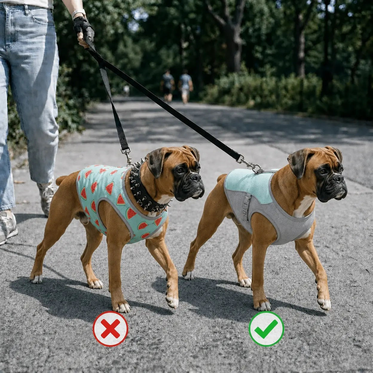 Boxer walked with a collar vs a Boxer leashed from the vest's built-in attachment