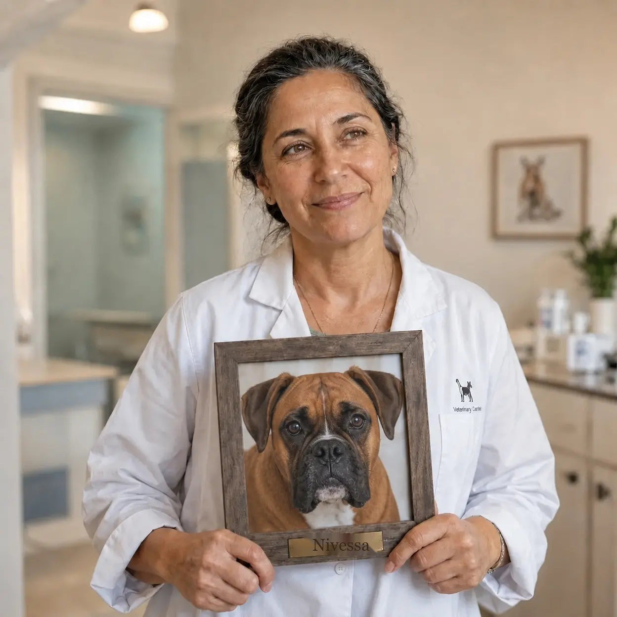 The veterinarian behind Nivessa holding a framed photo of her Boxer